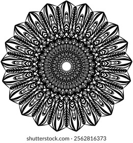 “An intricate black and white mandala design showcasing symmetrical patterns with fine details and artistic precision. Perfect for creative projects, meditation themes, coloring books, and wall decor,