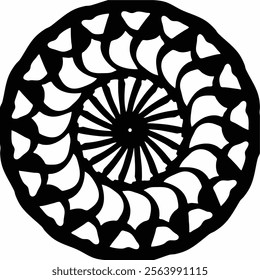 Intricate Black and White Mandala Design. A captivating black and white mandala design, featuring intricate concentric circles and repeating patterns.