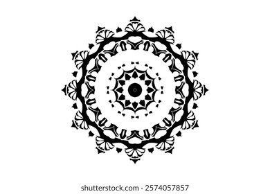 Intricate black and white mandala design featuring circular patterns on a clean white background	
