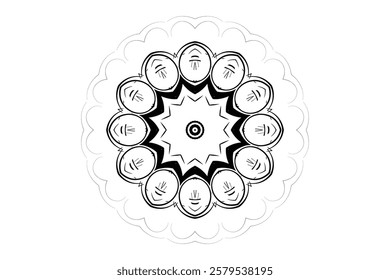 Intricate Black and White Mandala Design with Radiating Lines and Balanced Shapes	
