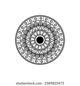 Intricate Black and White Mandala Design with Symmetrical Geometric Patterns and Floral Motifs in Zentangle Style