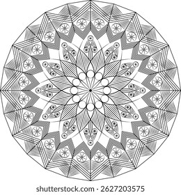 Intricate black and white mandala design featuring symmetrical geometric patterns. The central motif consists of radiating petals, surrounded by layered segments of triangles and circles.