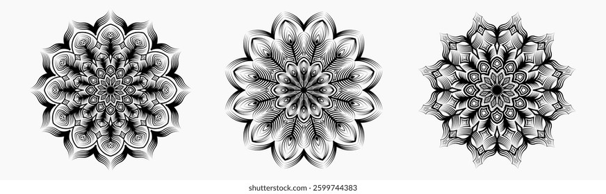 Intricate Black and White Mandala Designs with Symmetrical Patterns and Detailed Line Art Elements