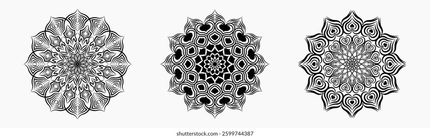 Intricate Black and White Mandala Designs with Symmetrical Patterns and Detailed Line Art Elements