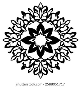 Intricate Black and White Mandala: Elegant Floral Pattern Design, Circular Symmetrical Ornament, Vintage Decorative Art