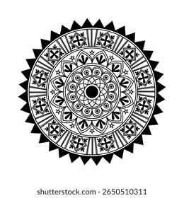 Intricate black and white mandala featuring symmetrical floral and geometric patterns. Perfect for use in coloring books, textile prints, wall art, and spiritual or decorative projects.