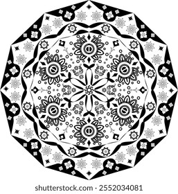 Intricate Black and White Mandala with Floral and Geometric Patterns, Perfect for Decorative Art, Spiritual Themes, Meditation Aids, Wall Art, Tattoos, and Cultural Designs