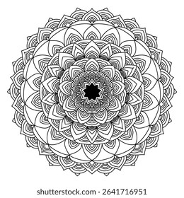  Intricate Black and White Mandala Outline. Detailed black and white mandala illustration with delicate lines, perfect for adult coloring, spiritual meditation, or intricate design elements. 