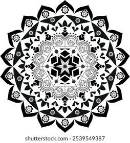 Padrão Mandala preto e branco intrincado, ideal para Auxílios de Meditação, Páginas de Coloração, Desenhos de Tatuagem, Arte de Parede, Exercícios de Atenção e Decoração Ornamental