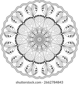 Intricate Black and White Mandala Pattern for Coloring, it is a detailed, black and white line drawing of a mandala.