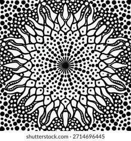 Patrón de mandala blanco y negro intrincado con círculo abstracto de textura punteada