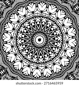 Diseño complejo de patrones de mandala en blanco y negro con Elementos florales y geométricos - perfecto para colorear, relajación y arte espiritual