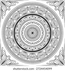 Patrón de mandala blanco y negro intrincado con floral simétrico