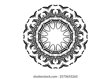 Intricate black and white mandala with sun or moon focal point, surrounded by concentric geometric patterns	
