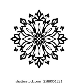 Intricate Black and White Mandala: A Symmetrical Floral Design. Perfect for wall art, home decor, or spiritual inspiration. A stunning piece of abstract geometric art.