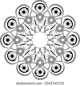  Mandala blanco y negro intrincado con patrones de lágrimas y puntos, perfecto para colorear páginas, meditación, atención plena, arteterapia, obras de arte decorativas, Diseños inspirados en el zen y conceptos de tatuaje
