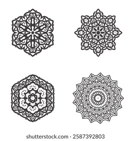 Intricate black and white mandala vector with geometric and floral patterns, perfect for tattoos, coloring books, décor, and digital art.

