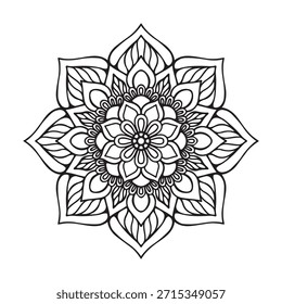 Plantilla de diseño de ilustración de Arte vectorial de mandala blanco y negro intrincado con patrones florales detallados intrincados simétricos aislados sobre un fondo blanco.