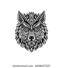 Intricate black and white mandala-style illustration of a wolf head, featuring tribal patterns, ethnic ornaments, and symmetrical details. Perfect for tattoo designs, spiritual artwork, or decorative 