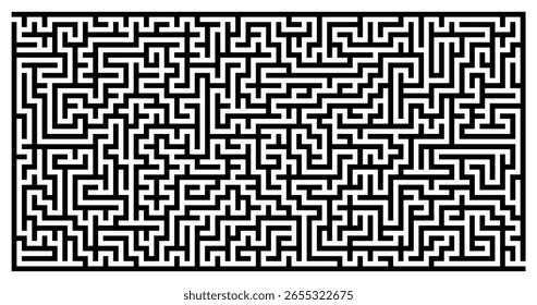 Intricate black white maze vector illustration with complex pattern, confusing path, puzzle background, winding turns, challenging labyrinth design, abstract obstacle course difficult solution concept