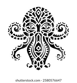 Intricate black and white octopus design featuring ornate tribal patterns and swirling elements, perfect for tattoos, logos, or artistic projects. Ornate Tribal Octopus with Swirling Patterns