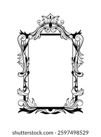Intricate black and white ornate vintage decorative frame with floral and baroque-style elements. Elegant and detailed border design on a white background. Vector illustration