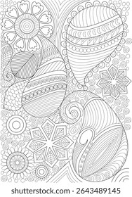Intricate Black and White Pattern for Coloring and Design, A highly detailed and intricate black and white line art pattern featuring a dense arrangement of abstract floral elements, leaves, swirls,