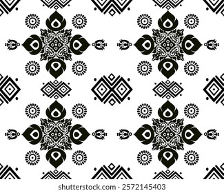 An Intricate black and white pattern featuring floral and geometric designs, creating harmonious and elegant visual effect. Perfect for textiles or wallpaper