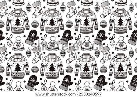 Intricate black and white pattern featuring cozy sweaters and festive winter accessories. Intricate black and white pattern featuring cozy sweaters and festive winter accessories