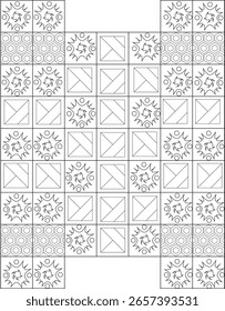 Patrón de edredón blanco y negro intrincado con bloques geométricos abstractos y rejillas hexagonales, ideal para el diseño textil, la elaboración y la coloración.