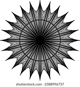 Intricate black and white radial star pattern with sharp lines, creating a bold geometric design