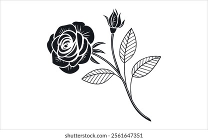 Intricate Black and White Rose with Leaves and Bud - Suitable for Nature-Themed Artwork