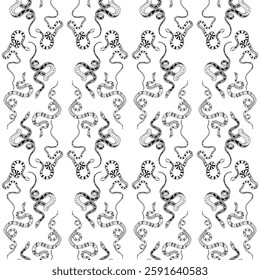 Intricate black and white seamless pattern featuring stylized snakes in playful arrangements