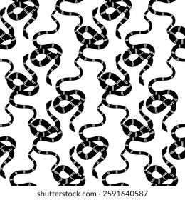 Intricate black and white seamless pattern featuring stylized snakes in playful arrangements