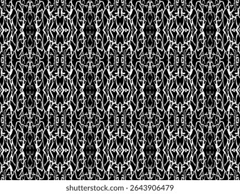 Intricate black and white seamless pattern with a complex, symmetrical design. This bold abstract graphic features a dense web of tangled, calligraphic lines, creating a mesmerizing and edgy texture s