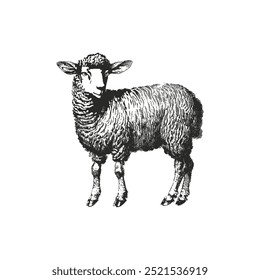 Intricate black and white sheep engraving. Vector illustration design.