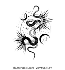 Intricate black and white snake art entwined with celestial elements