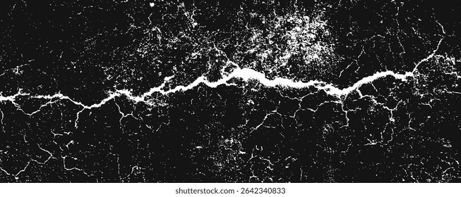 Uma intrincada textura em preto e branco exibe uma rede de rachaduras e fendas. O alto contraste destaca os padrões formados, criando uma superfície artística reminiscente de materiais antigos.