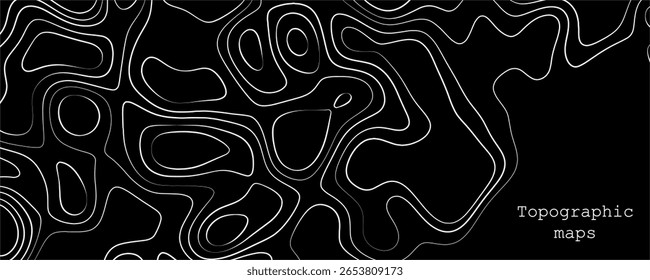 Intricate black and white topographic map design featuring contoured lines and organic shapes