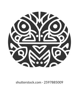 Intricate black and white tribal frog illustration with a circular geometric pattern, featuring bold lines and symmetrical Tribal Frog Symbol in Circular Design
