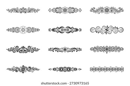 Intricate black and white vector designs of floral ornamental borders and dividers