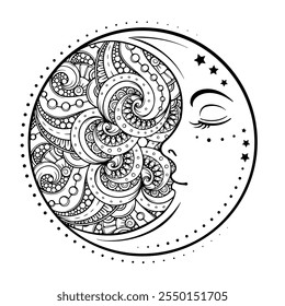 Uma intrincada ilustração de vetor preto e branco com a Lua crescente combinada com o belo padrão Mandala. Página de coloração antistress