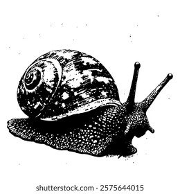 intricate black and white vector illustration of a snail, highlighting its textured shell and slimy body with fine details and realistic shading.
