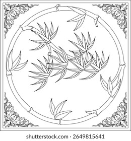 An intricate black and white vector illustration featuring bamboo stalks forming a circular frame, with bamboo leaves elegantly placed within and around it. The corners are adorned with decorative flo