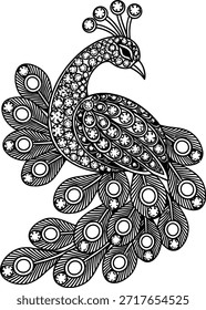 Intrincada Ilustración vectorial en blanco y negro de un pavo real. Presenta un pájaro elegante adornado con patrones ornamentales detallados, Elementos decorativos inspirados en mandalas y plumas estilizadas.