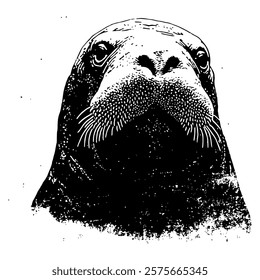 intricate black and white vector portrait of a walrus face, highlighting detailed textures of its whiskers and skin, ideal for arctic-themed designs, wildlife art, or marine conservation projects.