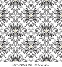 Intricate black and white vintage floral Baroque Damask style seamless pattern with 3d pearls, flowers, leaves. Vector ornamental decorative background. Beautiful elegant ornaments. Endless texture.