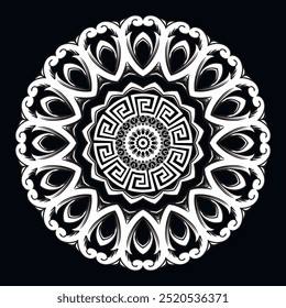 Intricate black and white vintage mandala with floral patterns and greek key meander. Vector ornamental round decorative mandala design. Beautiful ethnic style ornaments. Isolated on black.