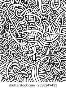 An intricate black-and-white abstract background with tangled, spaghetti-like lines forming a complex, maze-like pattern