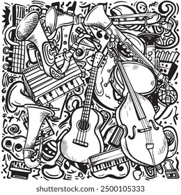 Intricate black-and-white doodle art featuring various musical instruments, including guitars, saxophones, and trumpets, in a whimsical and creative design.
